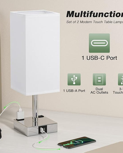 aooshine Set of 2 Touch Nightstand Lamp with USB-C+A Charge Ports& AC Outlets, 3-Way Dimmable Bedside Lamp with White Fabric Shade,Small Table Lamp for Bedroom Guest Room(Bulb Included) - LeafyLoom