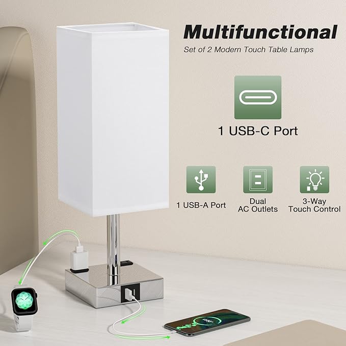aooshine Set of 2 Touch Nightstand Lamp with USB-C+A Charge Ports& AC Outlets, 3-Way Dimmable Bedside Lamp with White Fabric Shade,Small Table Lamp for Bedroom Guest Room(Bulb Included) - LeafyLoom