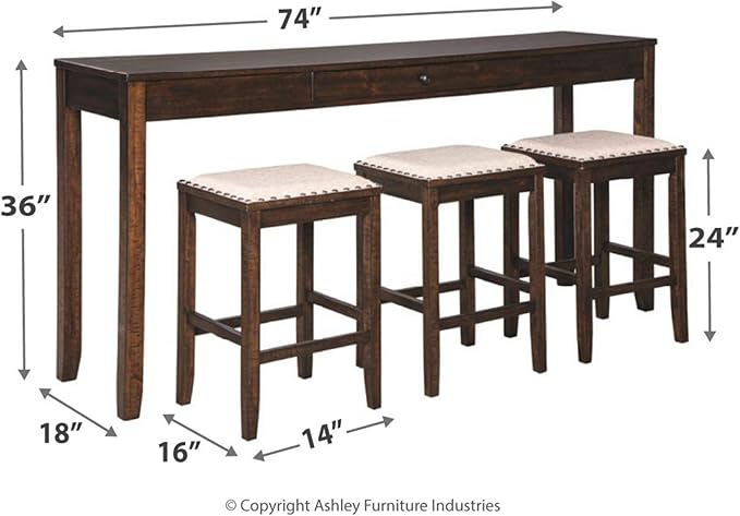 Signature Design by Ashley Rokane Urban Farmhouse 25" Counter Height Dining Room Table Set with 3 Bar Stools, Brown - LeafyLoom