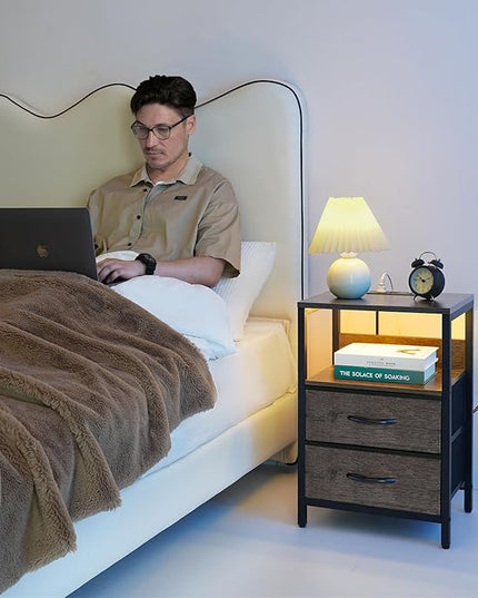 Yoobure Nightstand with Charging Station, LED Night Stand with Fabric Drawers and Storage Shelf for Bedroom, Nightstands Bedside Tables with USB Ports & Outlets, Small Night Stands, Bed Side Table - LeafyLoom