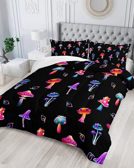 Colorful Mushroom Comforter Set Full Size Kids Mushroom Bedding Set Leaves Quilt Bed Set for Boys Girls Adults with 1 Comforter and 2 Pillowcases - LeafyLoom