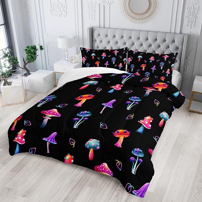 Colorful Mushroom Comforter Set Full Size Kids Mushroom Bedding Set Leaves Quilt Bed Set for Boys Girls Adults with 1 Comforter and 2 Pillowcases - LeafyLoom