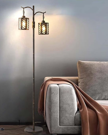 Industrial Floor Lamp,Vintage Dimmable Floor Lamp,2 Classical Lanterns Standing Lamp, Rustic Farmhouse Floor Lamp with Bronze Gold Finish, for Living Room Bedroom (Bronze) - LeafyLoom