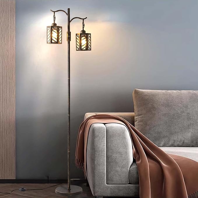 Industrial Floor Lamp,Vintage Dimmable Floor Lamp,2 Classical Lanterns Standing Lamp, Rustic Farmhouse Floor Lamp with Bronze Gold Finish, for Living Room Bedroom (Bronze) - LeafyLoom