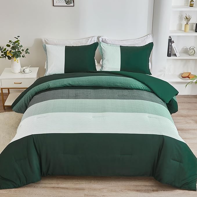 WONGS BEDDING Comforter Set Queen, Reversible Emerald Green Striped Patchwork Down Alternative Comforter for Queen Bed,3 Pieces (1 Comforter+2 Pillowcases), Soft Microfiber Bedding Set 90"×90" - LeafyLoom