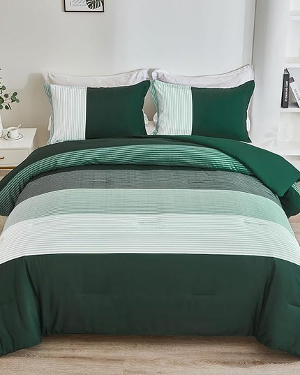 WONGS BEDDING Comforter Set King, Reversible Emerald Green Striped Down Alternative Comforter for King Bed,3 Pieces (1 Comforter+2 Pillowcases), Soft Microfiber Bedding Duvet Set 104"×90" - LeafyLoom