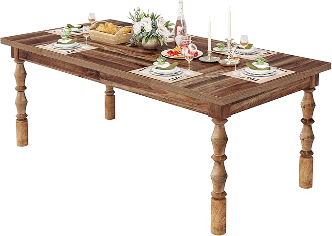 Tribesigns 62” Wood Dining Table for 4-6 People, Farmhouse Large Rectangle Kitchen Table, Dinner Table Kitchen & Dining Room Furniture with Carved Turned Legs - LeafyLoom