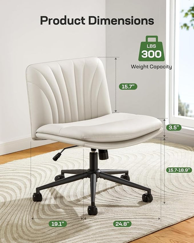 Marsail Armless-Office Desk Chair with Wheels: PU Leather Cross Legged Wide Chair,Comfortable Adjustable Swivel Computer Task Chairs for Home,Office,Make Up,Small Space,Bed Room(Beige) - LeafyLoom