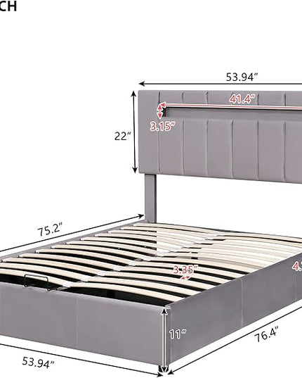 Upholstered Bed Full Size with LED light, Lift Up Storage with Bed Bluetooth Player and USB Charging, Hydraulic Storage Bed with Sturdy Slat Support, Velvet Fabric Bedframe for Kids, Adults - LeafyLoom