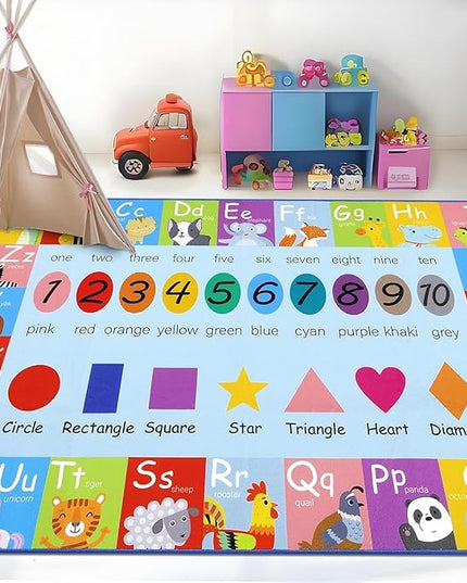 HEBE Kids Play Rug 3'4"x5' ABC Alphabet Numbers Shapes Educational Kid Area Rug Washable Baby Crawling Mat Non Slip Kid Play Mat Carpet for Girl Boy Bedroom Playroom - LeafyLoom