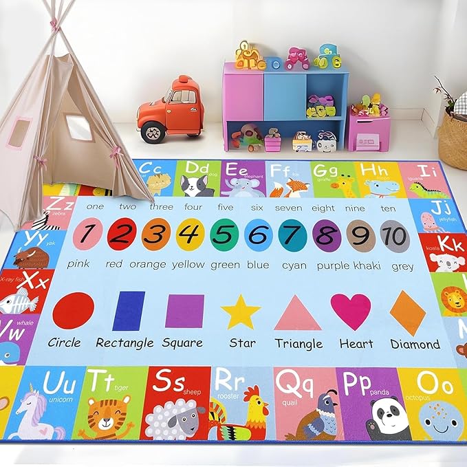 HEBE Kids Play Rug 3'4"x5' ABC Alphabet Numbers Shapes Educational Kid Area Rug Washable Baby Crawling Mat Non Slip Kid Play Mat Carpet for Girl Boy Bedroom Playroom - LeafyLoom