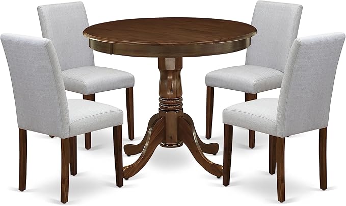 East West Furniture ANAB5-AWA-05 Antique 5 Piece Kitchen Set Contains a Round Dining Room Table with Pedestal and 4 Upholstered Chairs, 36x36 Inch - LeafyLoom