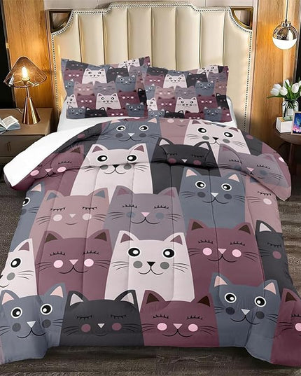 Cartoon Cat Bedding Set - 3Pcs Cute Cat Comforter Set for Bedroom Kids Boys Girls Cat Bedding Decor for All-Season Kawaii Kitten Pattern Lovely Animal 1 Cat Comforter with 2 Pillowcases, Queen Size - LeafyLoom