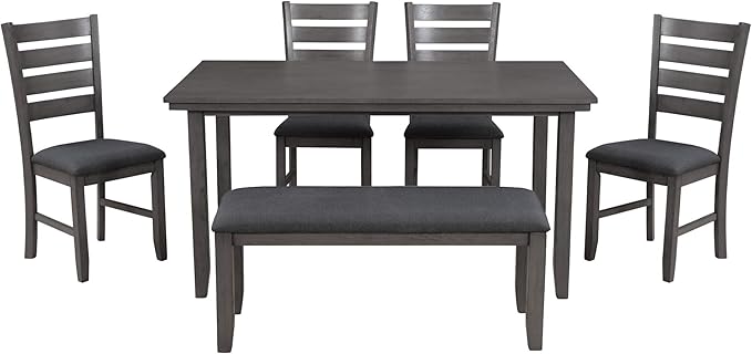 Farmhouse Rustic 6-Piece Dining Room Sets, includes 1 Table, 4 Upholstered Side Chairs and 1 Bench, Gray, 60" L x 36" W x 30.3" H - LeafyLoom