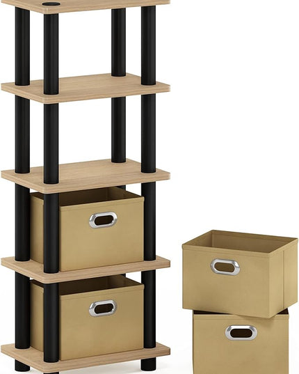 FURINNO LAci 4-Bins System Rack, Oak/Black/Light Brown - LeafyLoom