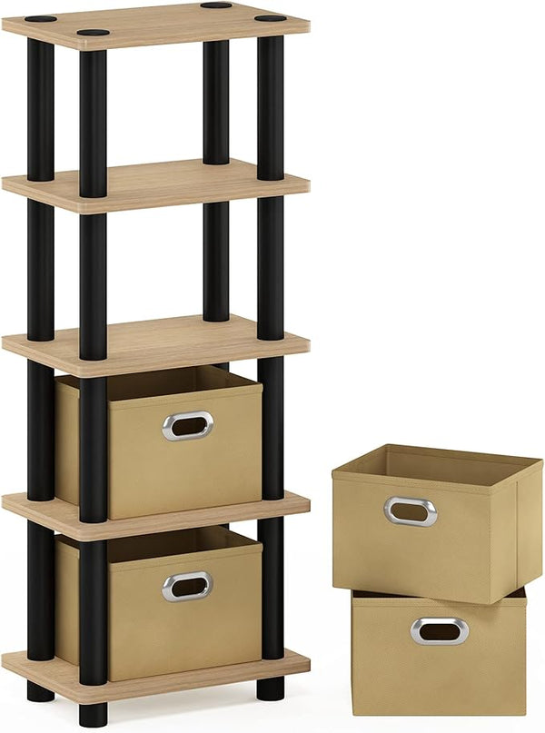 FURINNO LAci 4-Bins System Rack, Oak/Black/Light Brown - LeafyLoom