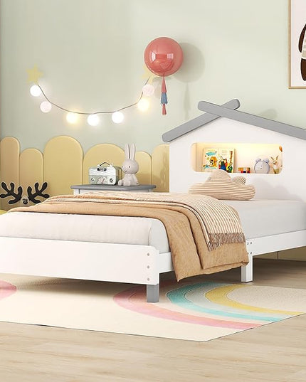 Bellemave Twin Size Platform Bed with House-Shaped Headboard and Motion Activated Night Lights,Wood Twin Kids Bed Frame for Teens, Girls,Boys(Twin,White) - LeafyLoom