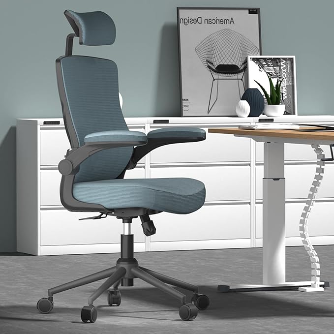 𝑯𝑶𝑴𝑬 𝑶𝑭𝑭𝑰𝑪𝑬 𝑪𝑯𝑨𝑰𝑹, Ergonomic Mesh Desk Chair, High Back Computer Chair- Adjustable Headrest with Flip-Up Arms, Lumbar Support, Swivel Executive Task Chair (Modern, Black Coral) - LeafyLoom