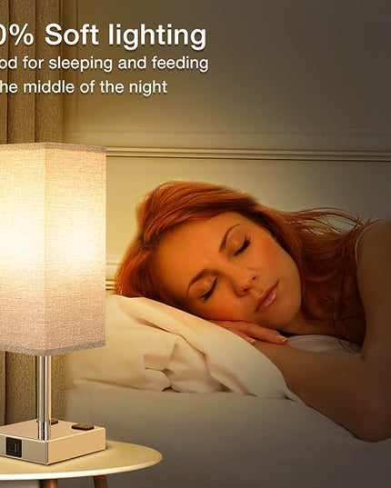 aooshine Gray Set of 2 Touch Lamp with USB Port-Nightstand Lamp with USB-C+A Charge Ports& AC Outlets, 3-Way Dimmable Bedside Lamp with Shade,Small Table Lamp for Bedroom Living Room(Bulb Included) - LeafyLoom