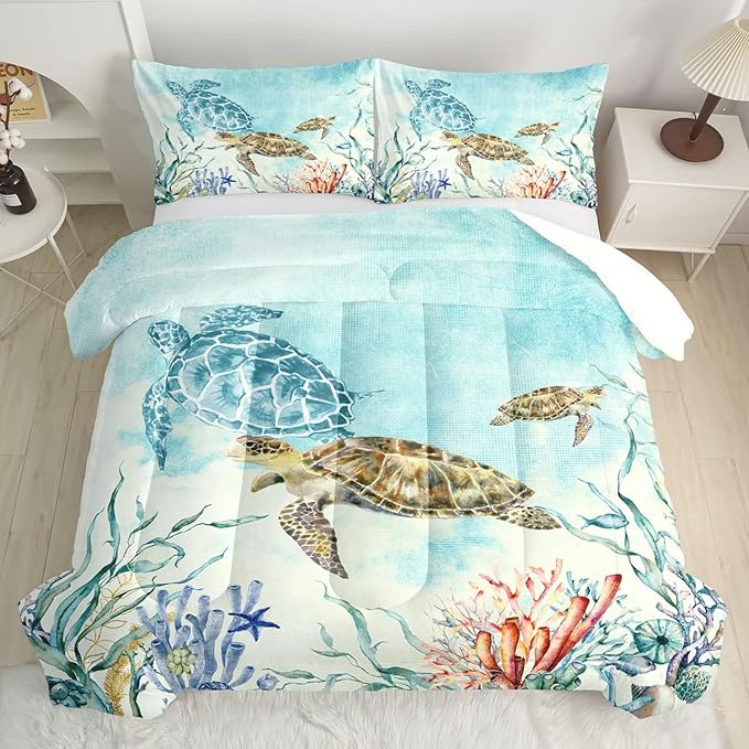 CVHOUSE Sea Turtle Comforter Sets King for Ocean Lovers,Turtle Beach Bedding Sets King Set,Turtle Bedspread,Turtle Duvet,Turtle Bed Set,Turtle Quilt Set 3 Pcs 1 Comforter and 2 Pillowcases - LeafyLoom