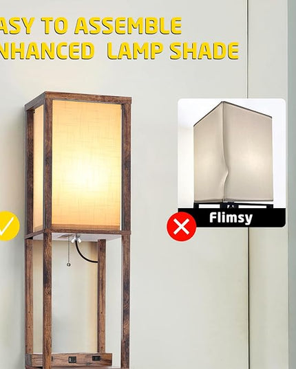 Floor Lamp with Wireless Charger, Modern Shelves Floor Lamp with USB A+C Ports & 2 AC Outlets,3 Color Temperature Corner Floor Lamps for Living Room Bedroom Office (Brown) - LeafyLoom