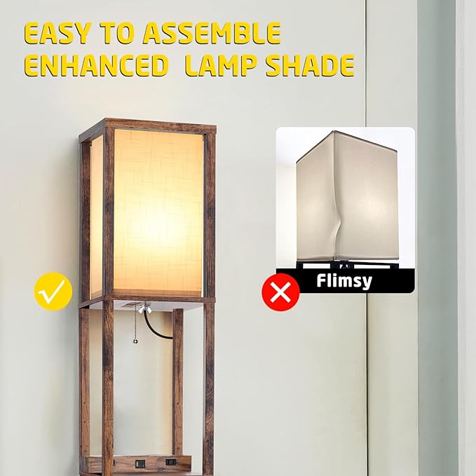 Floor Lamp with Wireless Charger, Modern Shelves Floor Lamp with USB A+C Ports & 2 AC Outlets,3 Color Temperature Corner Floor Lamps for Living Room Bedroom Office (Brown) - LeafyLoom