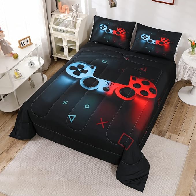 Boys Gamepad Comforter Set Full,Play Gamer Bedding Set Kid Young Man Video Games Down Comforter for Teen Child Game Room Decor Black Classic Retro Gaming Quilt Duvet Set with Controller Button - LeafyLoom