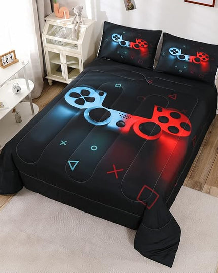 Erosebridal Boys Gamepad Comforter Set Queen,Play Gamer Bedding Set Kid Young Man Video Games Down for Teen Child Game Room Decor Black Classic Retro Gaming Quilt Duvet Set with Controller Button - LeafyLoom