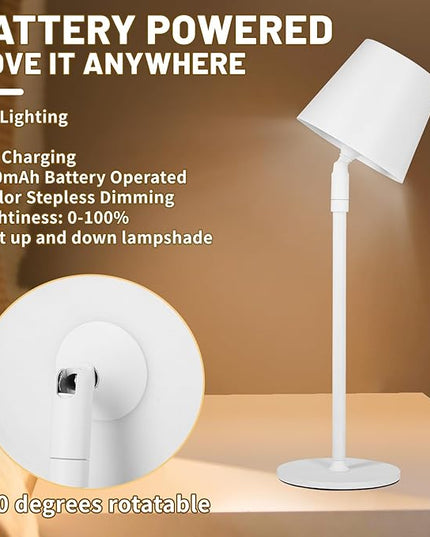 Cordless Table Lamp,Portable LED Desk Lamp, Battery Operated, 3 Color Stepless Dimming Up, for Restaurant/Bedroom/Bars/Outdoor Party/Camping/Coffee Shop Night Light。 (White) - LeafyLoom