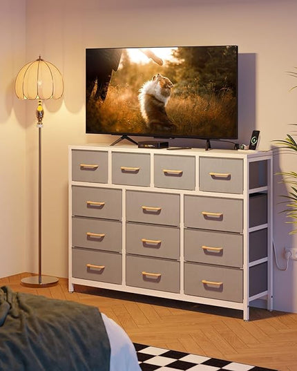 ODK Dresser with Charging Station, 57-Inch Long Dresser TV Stand for Bedroom, Large Dresser with 13 Storage Drawers, Chest of Drawers Easy-Pull Fabric Dressers for Living Room, Grey - LeafyLoom