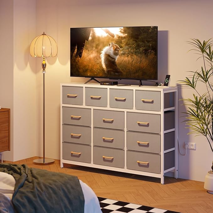 ODK Dresser with Charging Station, 57-Inch Long Dresser TV Stand for Bedroom, Large Dresser with 13 Storage Drawers, Chest of Drawers Easy-Pull Fabric Dressers for Living Room, Grey - LeafyLoom