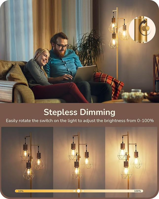 EDISHINE Dimmable Industrial Floor Lamp, Farmhouse Standing Lamp for Living Room with 3 LED Edison Bulbs, Diamond-Shaped Cage, Corner Rustic Rattan Reading Lamps for Bedroom, Office, Gold - LeafyLoom