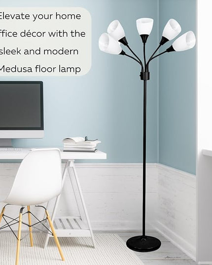 Modern Multi-Head Medusa Floor Lamp - 5 Light Standing Lamp for Bedroom and Living Room with Positionable Acrylic White Shades & 3-Light Mode Switch - Tall Black Floor Lamp for Living Room Decor - LeafyLoom