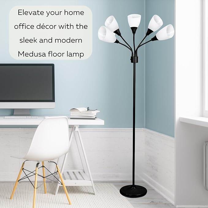 Modern Multi-Head Medusa Floor Lamp - 5 Light Standing Lamp for Bedroom and Living Room with Positionable Acrylic White Shades & 3-Light Mode Switch - Tall Black Floor Lamp for Living Room Decor - LeafyLoom