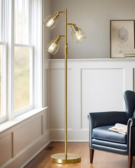 Oneach 64.25" Modern Floor Lamp for Living Room Gold Floor Lamp for Bedroom Clearance Farmhouse Home Office Tall Lamps for Bedroom with 3 Metal Lamp Head Adjustable（Bulbs Included） - LeafyLoom