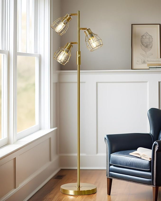 Oneach 64.25" Modern Floor Lamp for Living Room Gold Floor Lamp for Bedroom Clearance Farmhouse Home Office Tall Lamps for Bedroom with 3 Metal Lamp Head Adjustable（Bulbs Included） - LeafyLoom