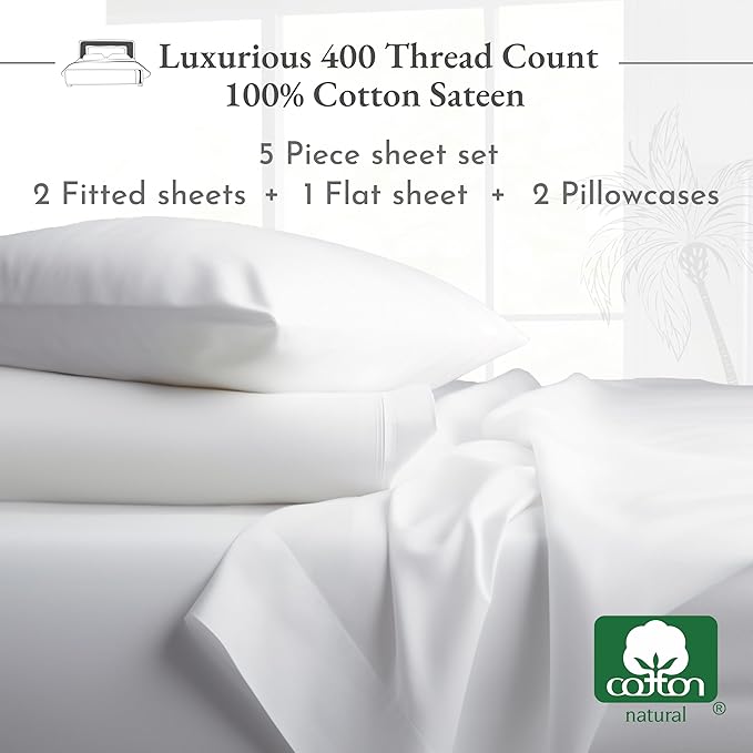 California Design Den Split King Bed Sheets Set, 400 Thread Count - 100% Cotton Sateen - Soft, Breathable & Cooling Bed Sheets for Adjustable Beds, 5-Pc Deep Pocket Bed Sheets - Beige - LeafyLoom