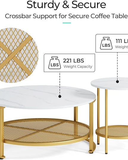 LINSY Home Round Coffee Table Set of 3 for Living Room, Modern Coffee Table with Open Storage, Wood Surface Top & Sturdy Metal Legs Large Circle Coffee Table, White and Gold - LeafyLoom