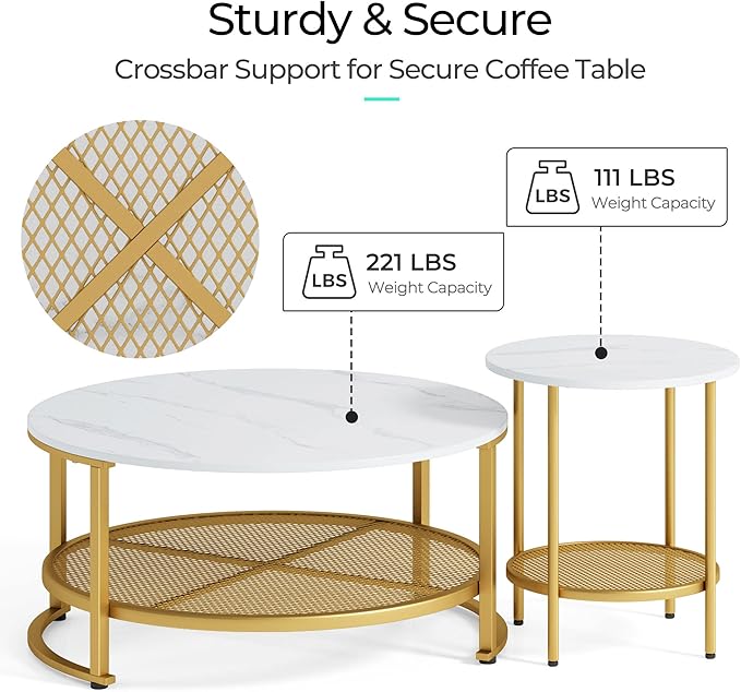 LINSY Home Round Coffee Table Set of 3 for Living Room, Modern Coffee Table with Open Storage, Wood Surface Top & Sturdy Metal Legs Large Circle Coffee Table, White and Gold - LeafyLoom