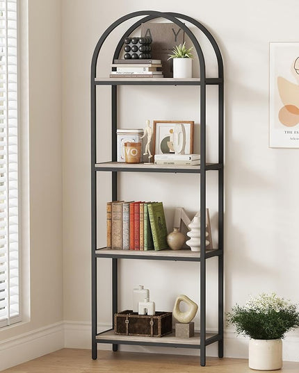 Yusong Bookshelf 4 Tier Arched Bookcase, 71.3" Tall Industrial Open Book Shelves for Living Room, Modern Freestanding Display Shelving Storage Rack Metal Frame, Office, Bedroom, Grey - LeafyLoom