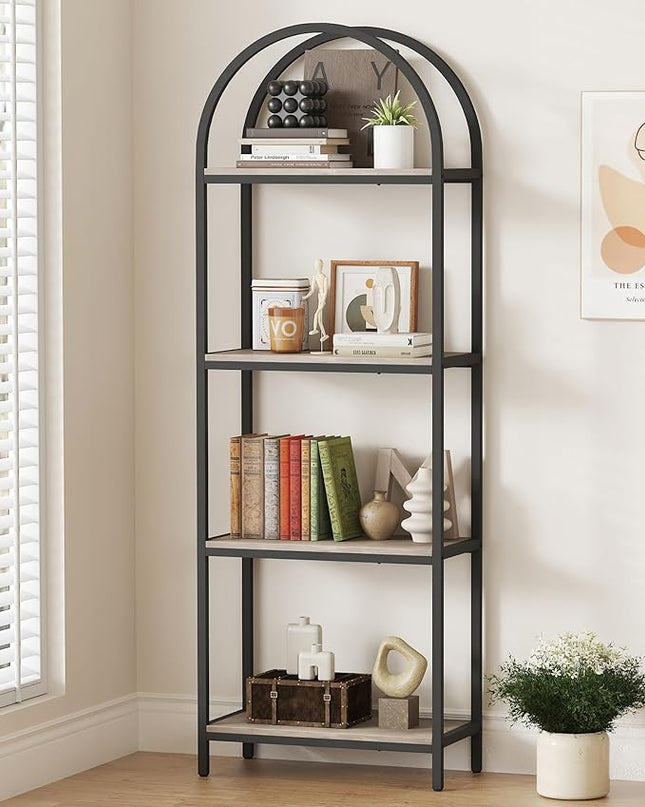Yusong Bookshelf 4 Tier Arched Bookcase, 71.3" Tall Industrial Open Book Shelves for Living Room, Modern Freestanding Display Shelving Storage Rack Metal Frame, Office, Bedroom, Grey - LeafyLoom