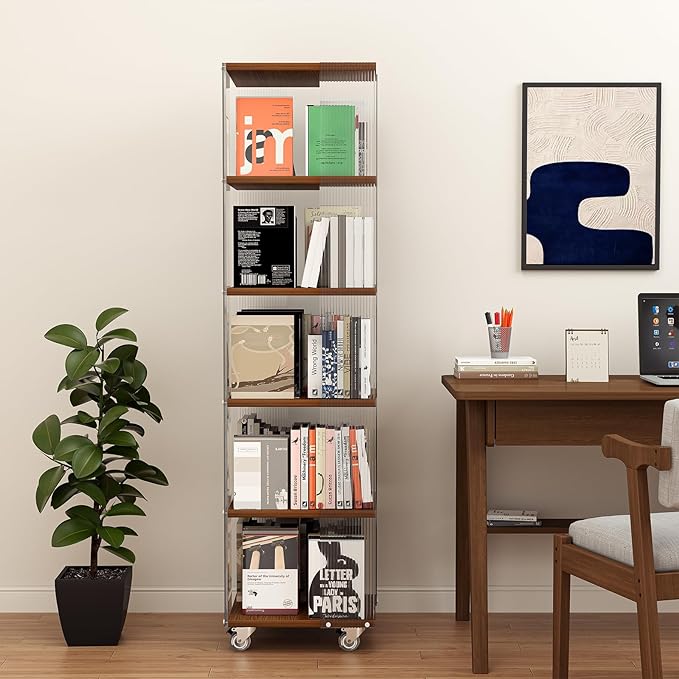 5-Tier Acrylic Book Shelf with Wheels, Mobile Tall Bookcase, Modern Unique Bookshelf Tower, Visible Display Shelf, 360° Rotating Bookshelf Organizer for Home Office Living Room, Walnut - LeafyLoom