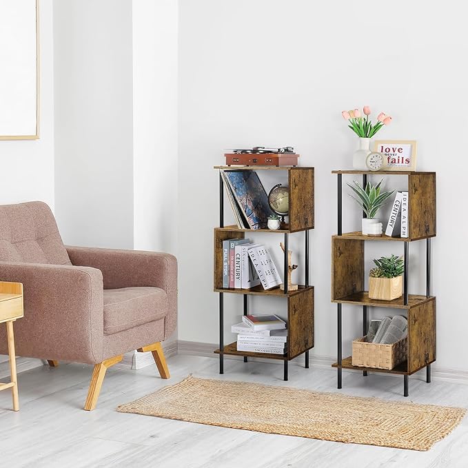 ETELI 4 Tier Bookshelf S-Shaped Small Bookcase Modern Freestanding Multifunctional Wooden Book Shelves for Farmhouse, Living Room, Bedroom, and Home Office - LeafyLoom