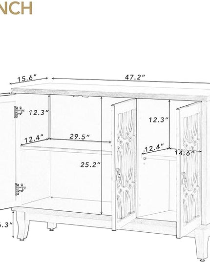 Multifunctional Sideboard with Glass, Vintage 3 Door Mirrored Buffet Cabinet,W/Silver Handle,Easy to Assemble,Console Table for Living Room Hallway Entryway,Black, 47.2" - LeafyLoom