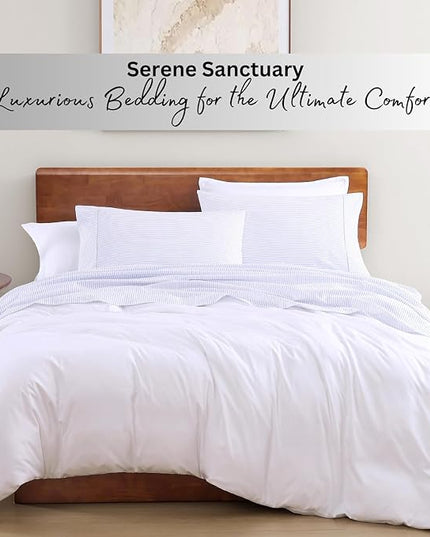 LANE LINEN 100% Organic Cotton Twin XL Sheets Set 3-Piece Pure Percale Bedsheets Bedding Breathable Fits Mattress Upto 15" Deep - Blue Ticking Stripe - LeafyLoom