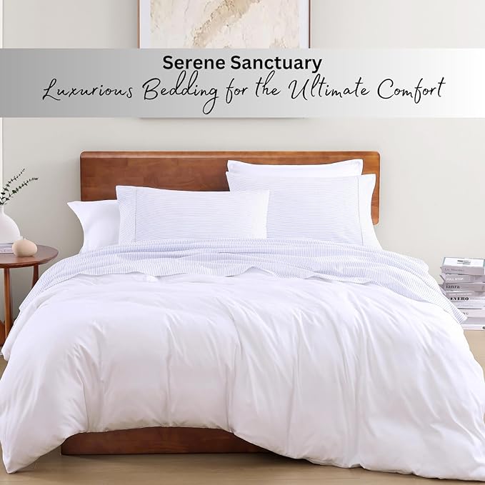 LANE LINEN 100% Organic Cotton Sheet Sets Queen Size, 4Pc Queen Size Cotton Sheets, Hotel Style Sheets, Bedding Sheets & Pillowcases, Queen Sheet Sets Deep Pockets Fits upto 15" - Blue Ticking Stripe - LeafyLoom