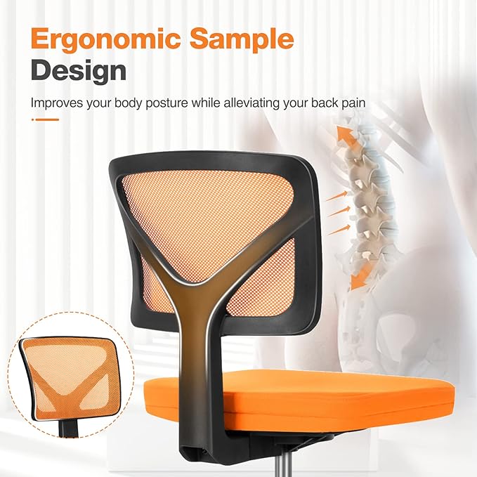 Armless Small Home Office Desk Chair, Ergonomic Low Back Computer Chair, Adjustable Rolling Swivel Task Chair with Lumbar Support for Small Space, 1 Pack, Orange - LeafyLoom