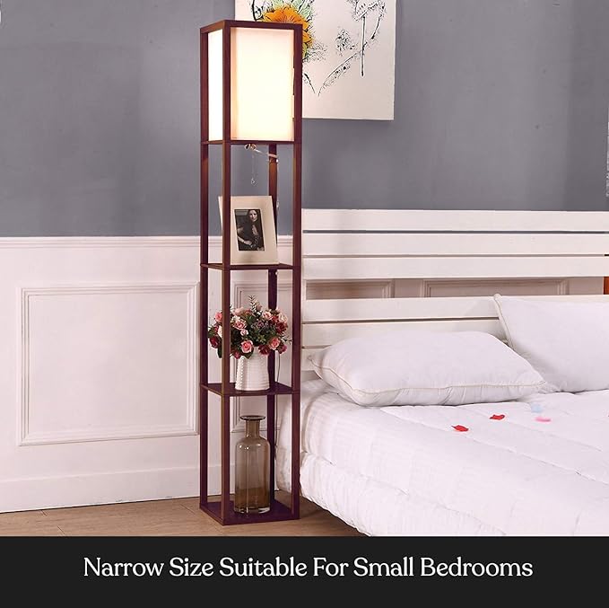 Brightech Maxwell - Modern Shelf Floor Lamp with Lamp Shade and LED Bulb - Corner Display Floor Lamps with Shelves for Living Room, Bedroom and Office - Havana Brown - LeafyLoom