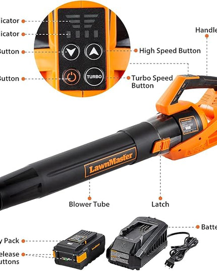 LawnMaster CLBL4016A Cordless Leaf Blower 40V Max with 2.0Ah,Battery Powered Leaf Blower Lightweight for Lawn Care, Leaves and Snow Blowing(Battery & Quick Charger) - LeafyLoom