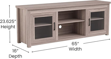 Flash Furniture Sheffield TV Stand for up to 80" TVs - Modern Gray Wash Finish & Full Glass Doors - 65" Engineered Wood Frame - 3 Height Adjustable Shelves - LeafyLoom